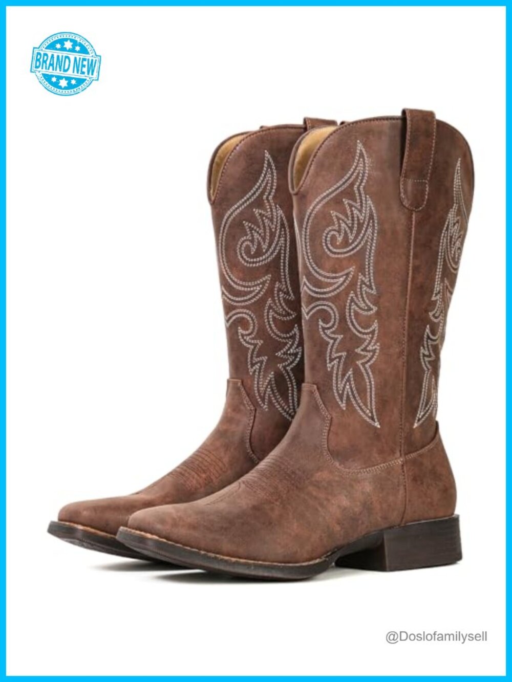 Embroidered Square Toe Western Boots for Women Mid Calf Cowgirl Boots with